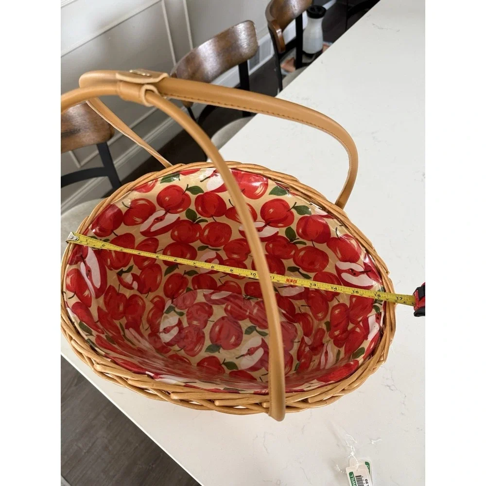 Vintage Woven Cane Oval Basket Apple Vinyl Liner Faux Leather Handles 90's EUC